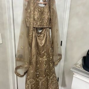 Elegant Gold Embroidered Dress with Sheer Overlay